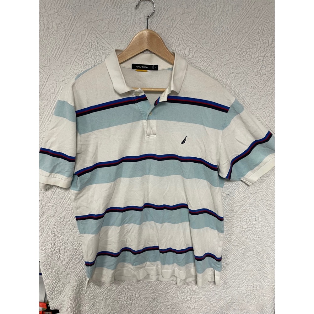 Nautica Mens Striped Short Sleeve Pique Polo Shirt White Blue Large